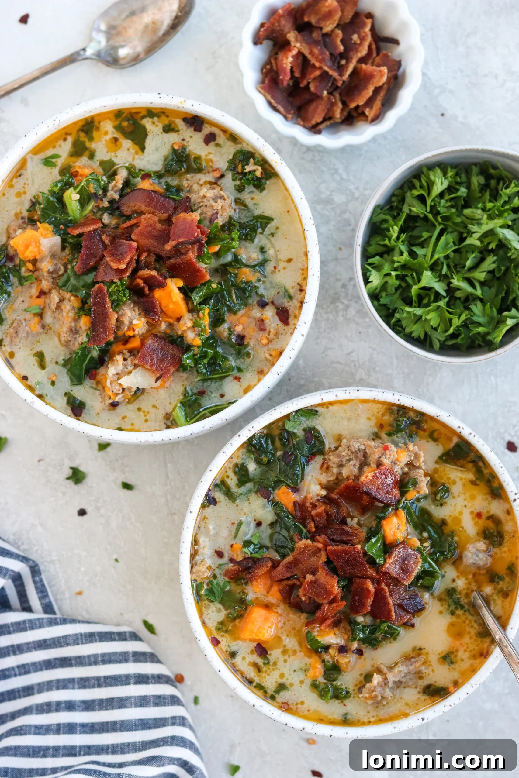 Hearty Whole30 Paleo Gluten Free Zuppa Toscana 8 Two inviting bowls of Whole30 Zuppa Toscana, ready to be enjoyed