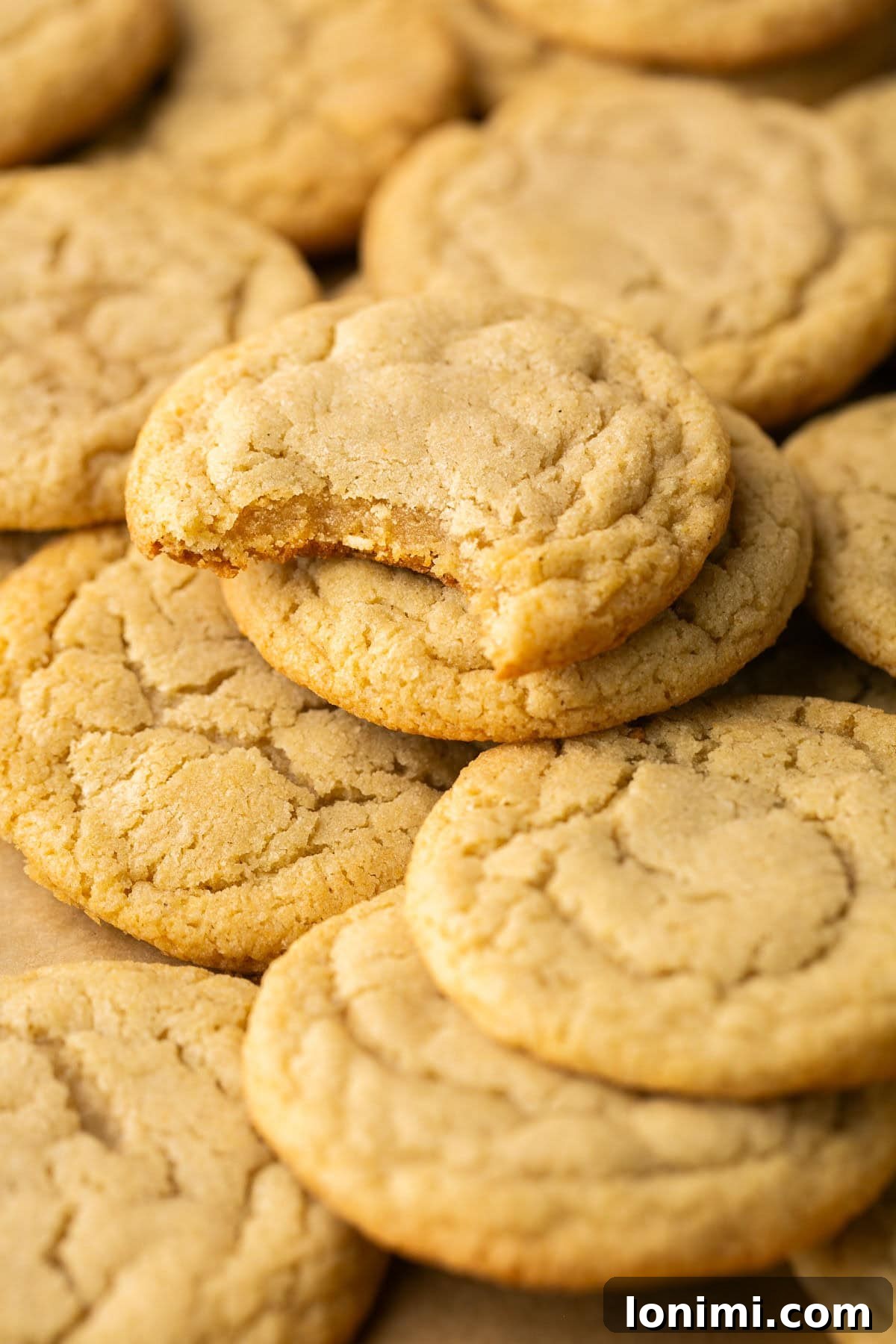 A chipless cookie with a bite taken out, resting on a pile of other cookies, highlighting its soft, chewy interior.