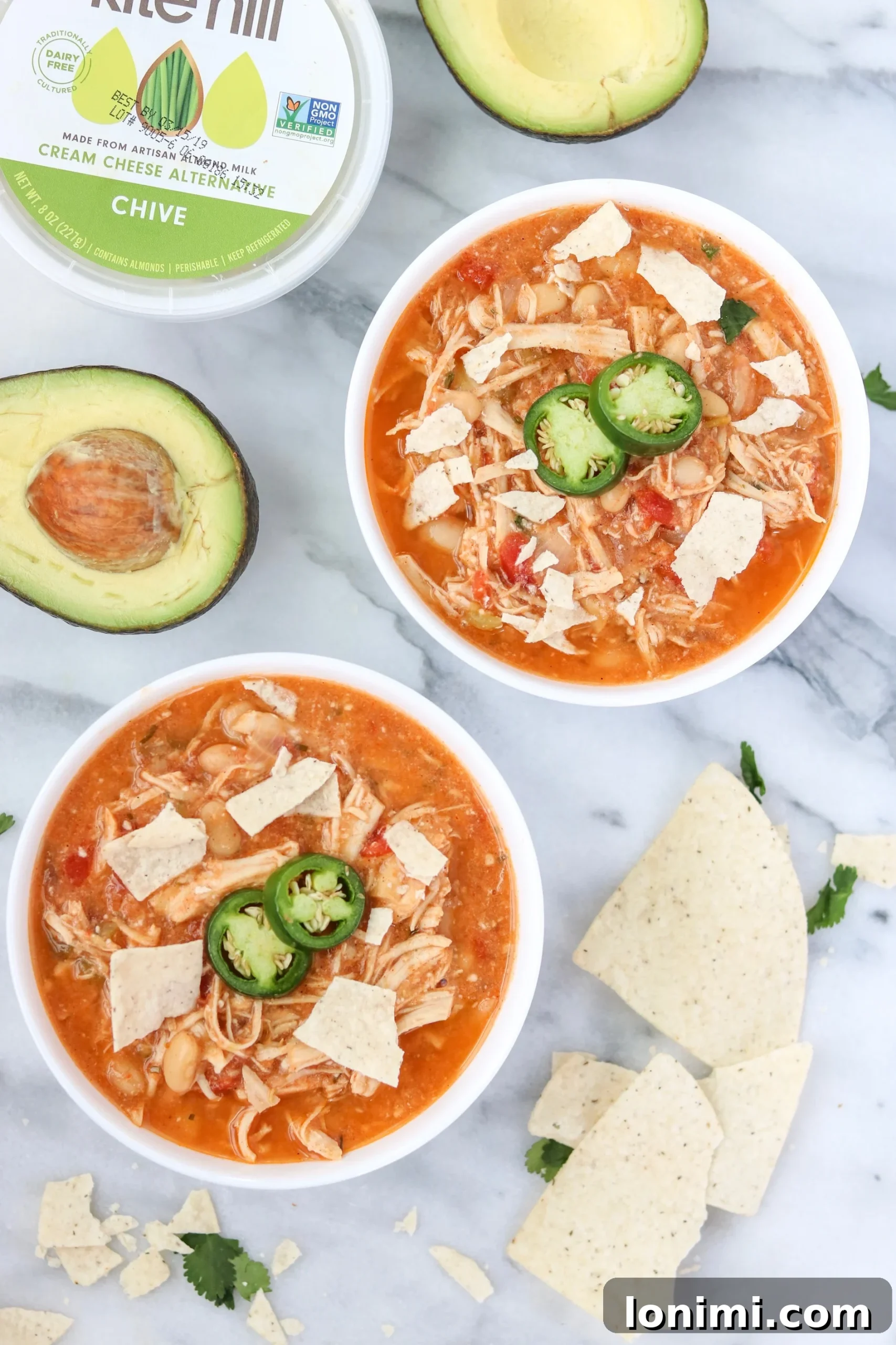 Dreamy Dairy Free Chicken Tortilla Chili 4 Toppings for Creamy Tortilla Chicken Chili, including avocado and cilantro