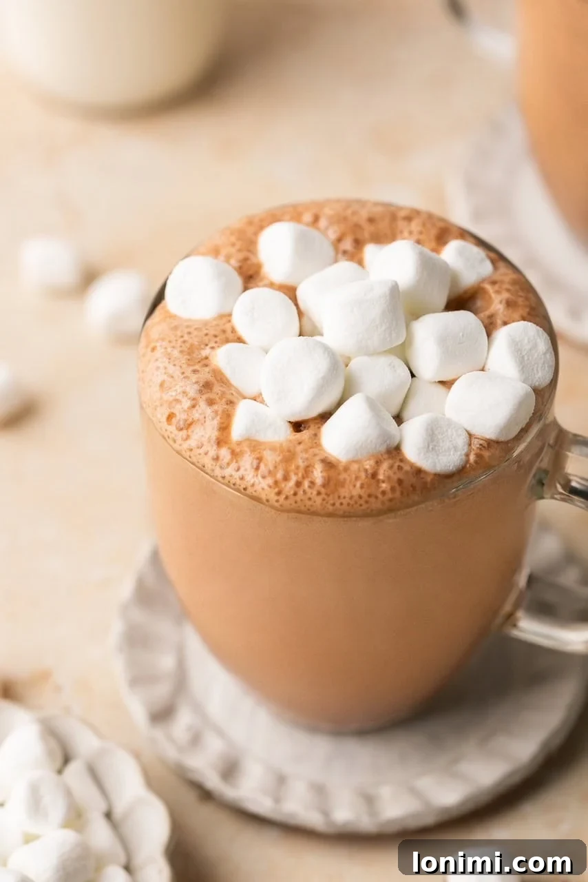 Collagen Cocoa Elixir 2 bone broth hot chocolate in a glass mug topped with marshmallows