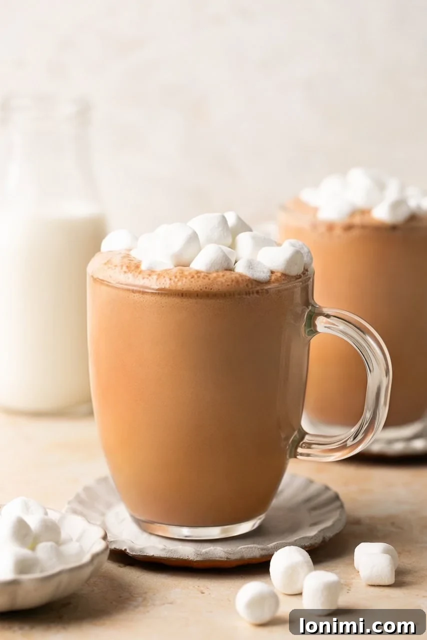 Collagen Cocoa Elixir 8 bone broth hot chocolate in a glass mug topped with marshmallows
