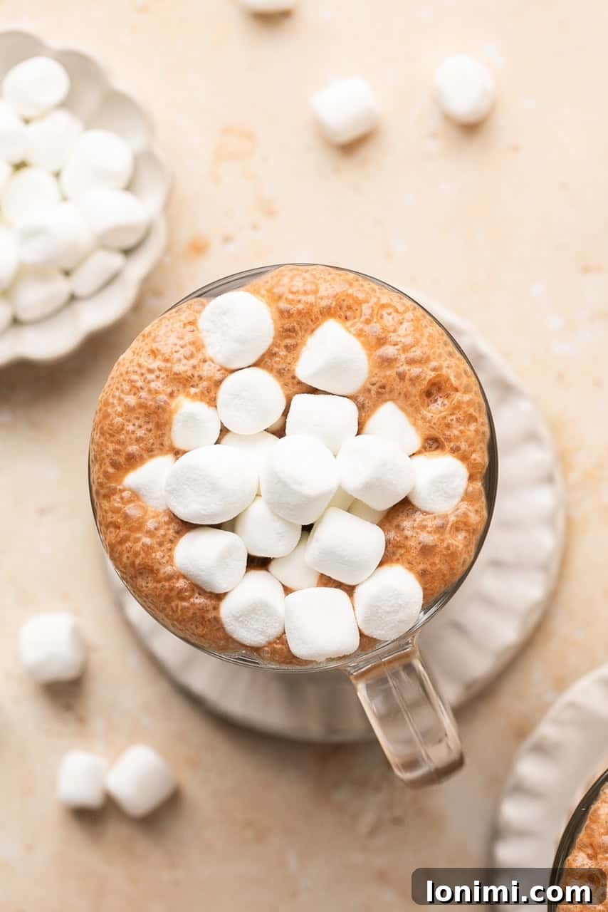 Collagen Cocoa Elixir 9 an overhead shot of bone broth hot chocolate in a glass mug topped with marshmallows