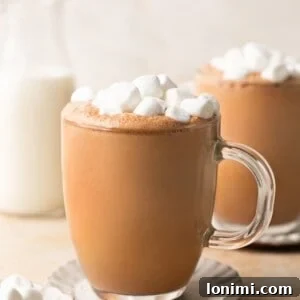 Collagen Cocoa Elixir 10 bone broth hot chocolate in a glass mug topped with marshmallows