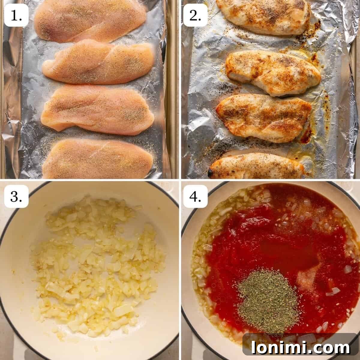 The first four steps for making chicken and penne vodka