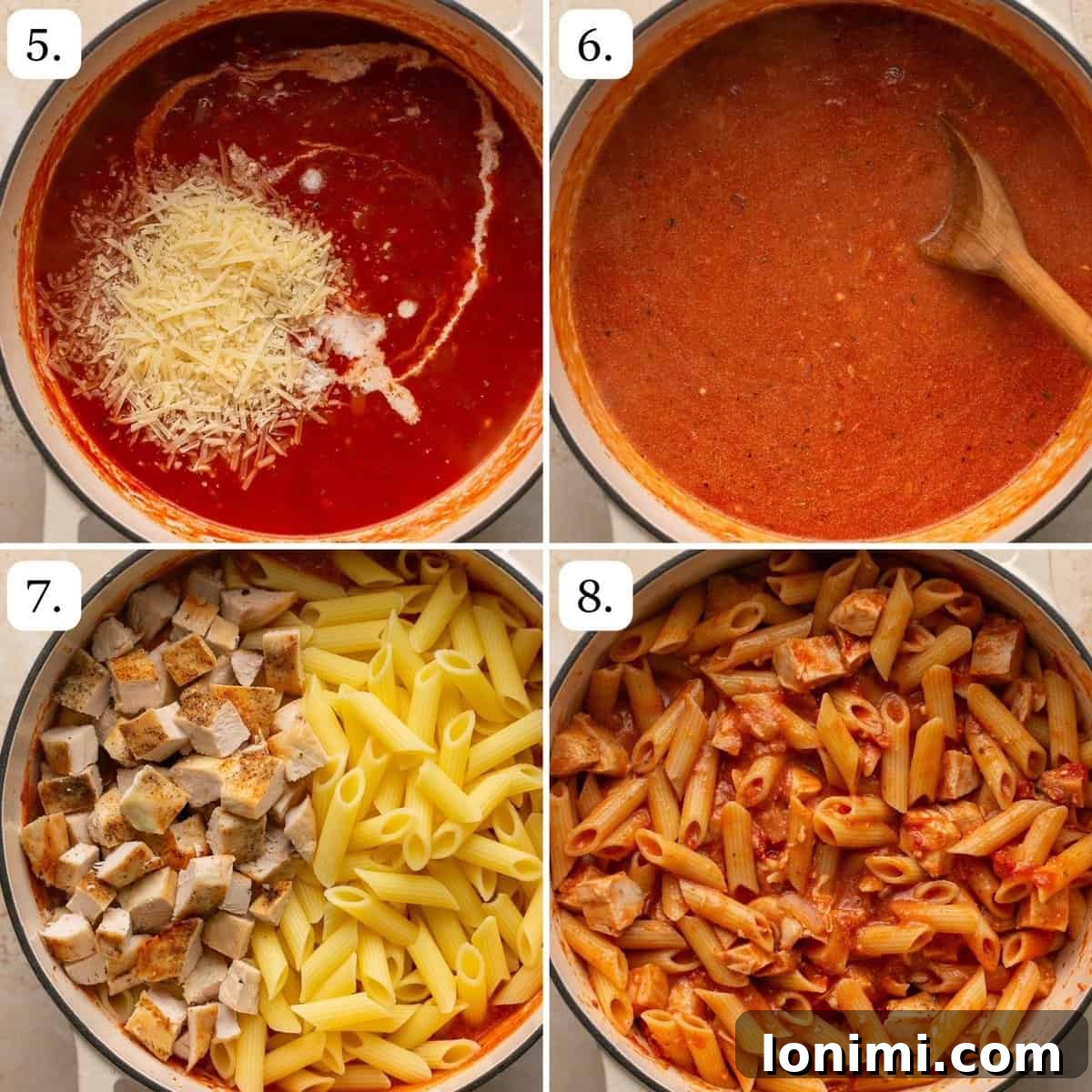 Steps 5-8 for making chicken and penne vodka in 4 quadrants