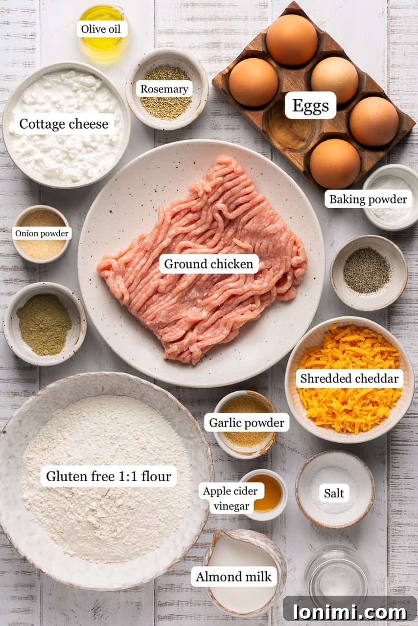 A vibrant flat lay of all the fresh, high-quality ingredients required to make gluten-free protein biscuits, including ground chicken, various spices, flour, eggs, and cheese.