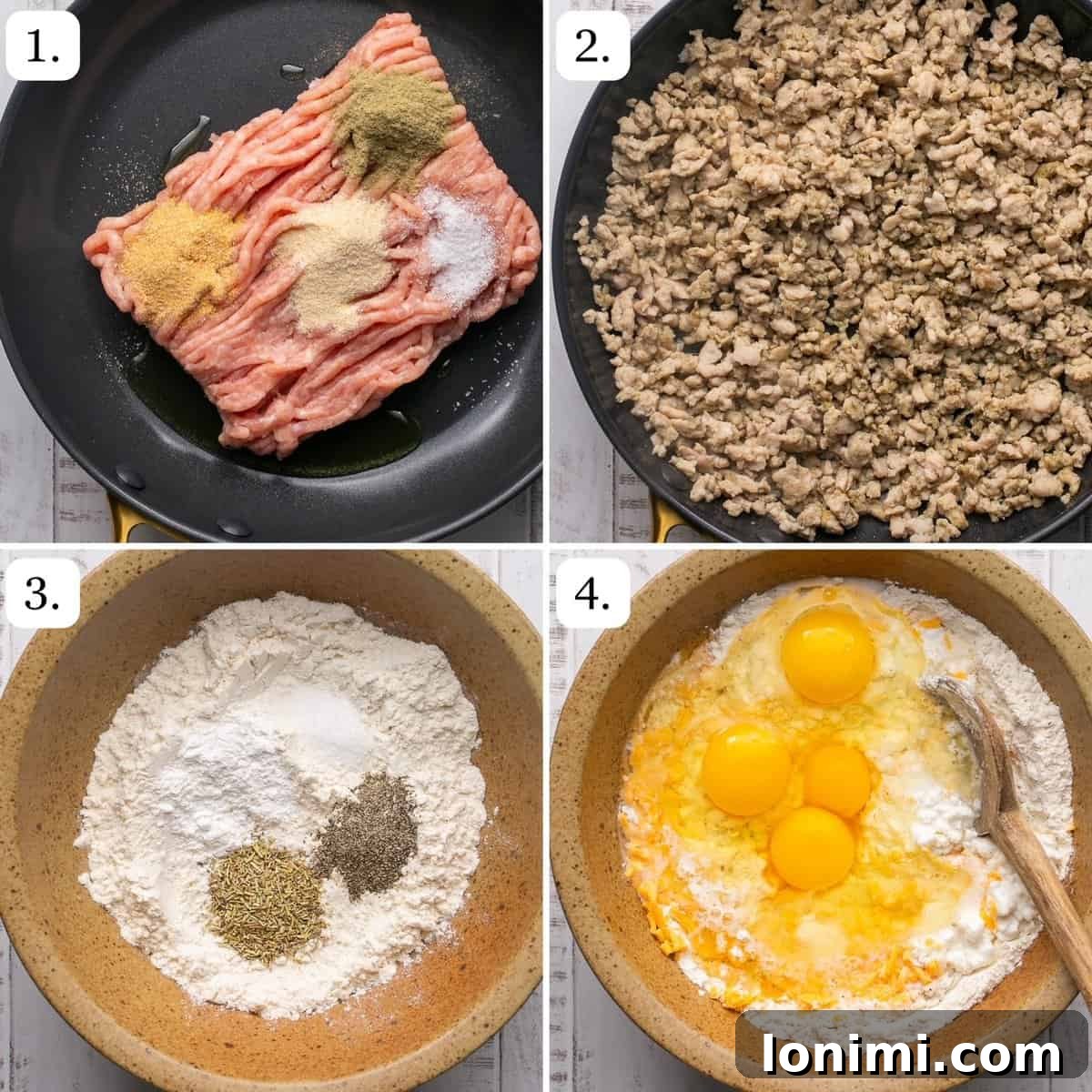 A visual guide showing the first four clear, concise steps for preparing homemade gluten-free sausage cheddar biscuits, laid out with ingredients and mixing processes.
