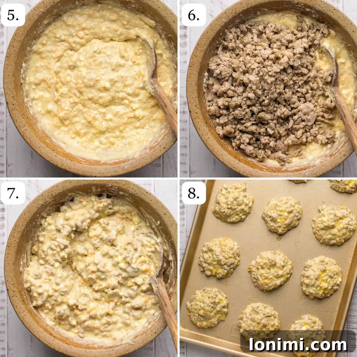 Steps 5 through 8 visually demonstrating the mixing, folding, and shaping process for gluten-free protein biscuits before baking.