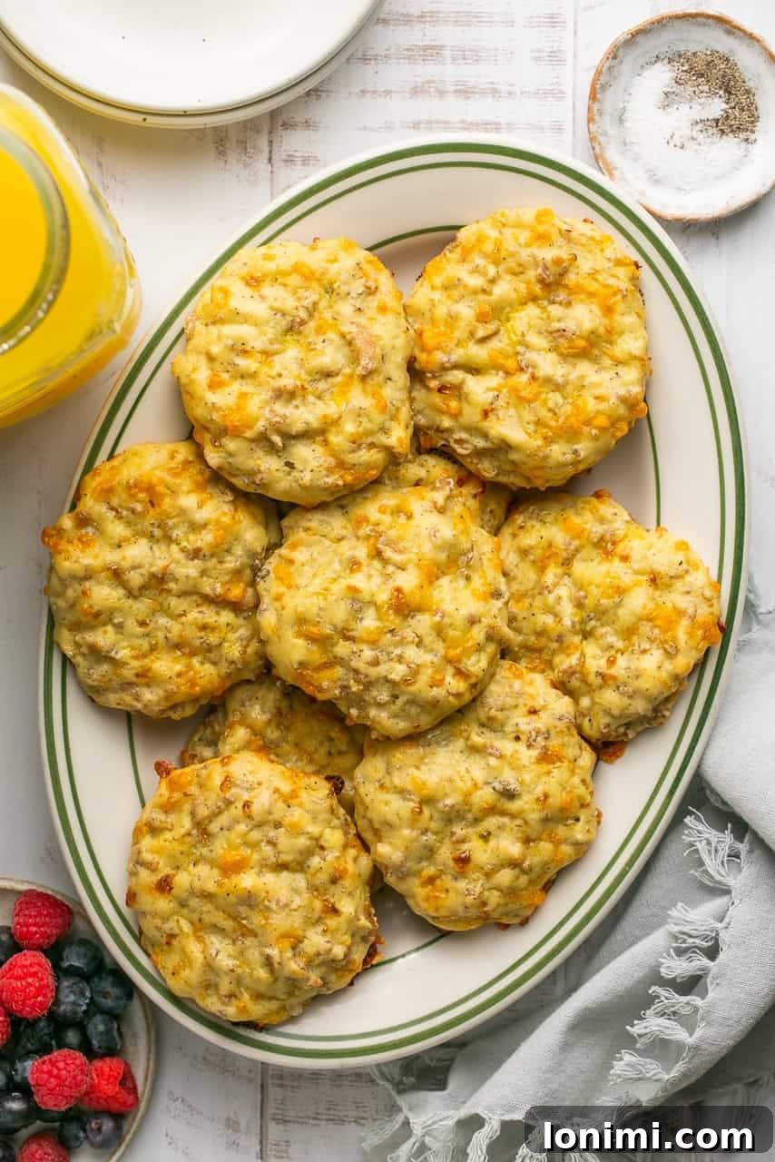 A close-up shot of a platter laden with golden, gluten-free sausage cheddar biscuits, highlighting their texture and appealing color.