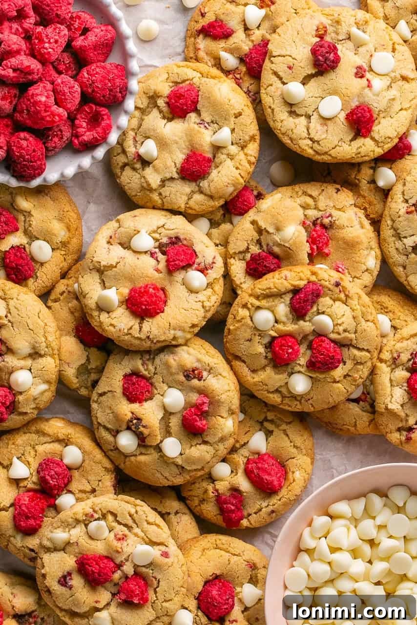 freshly baked gluten-free raspberry and white chocolate chip cookies spread out with a bowl of dried raspberries and white chocolate next to them