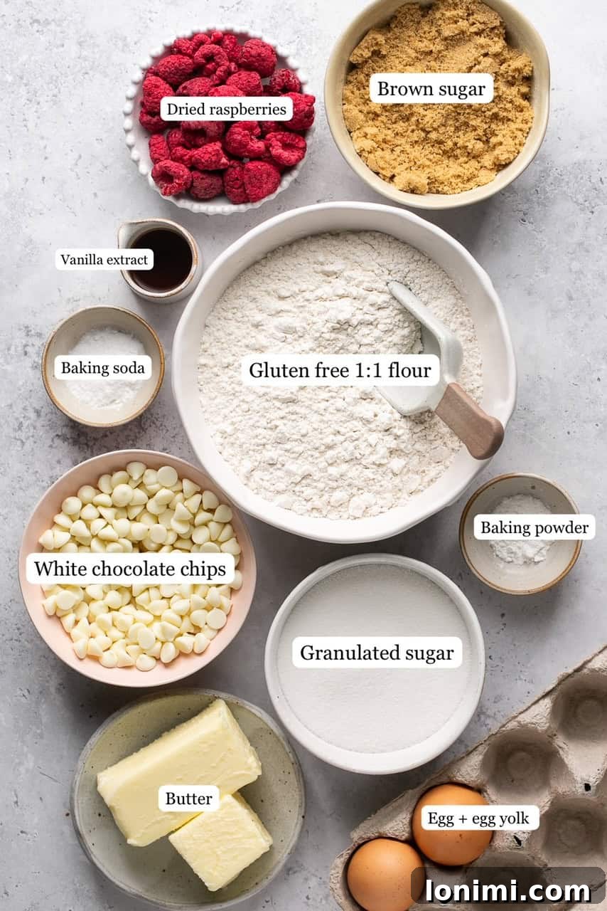ingredients for white chocolate raspberry cookies laid out on a table, including flour, sugars, butter, eggs, raspberries, and white chocolate