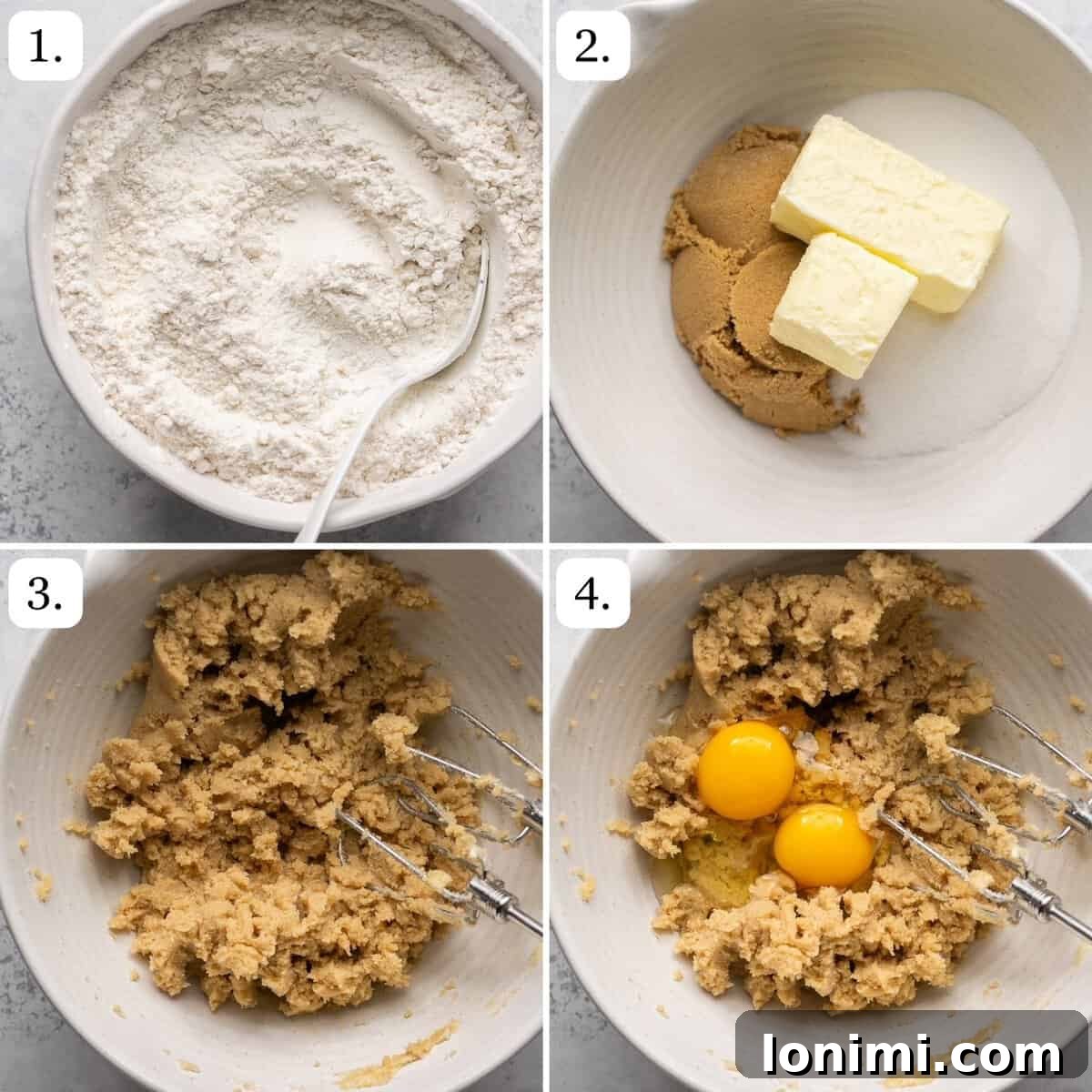 the first four steps for making gluten-free raspberry white chocolate cookies: mixing dry ingredients, adding butter and sugars to a bowl, creaming them, and adding wet ingredients.