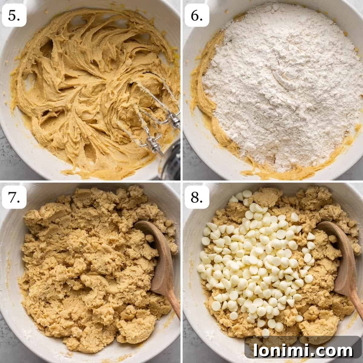 Steps 5 through 8 for how to make gluten-free raspberry white chocolate cookies, showing mixing, adding white chocolate, and folding in raspberries.