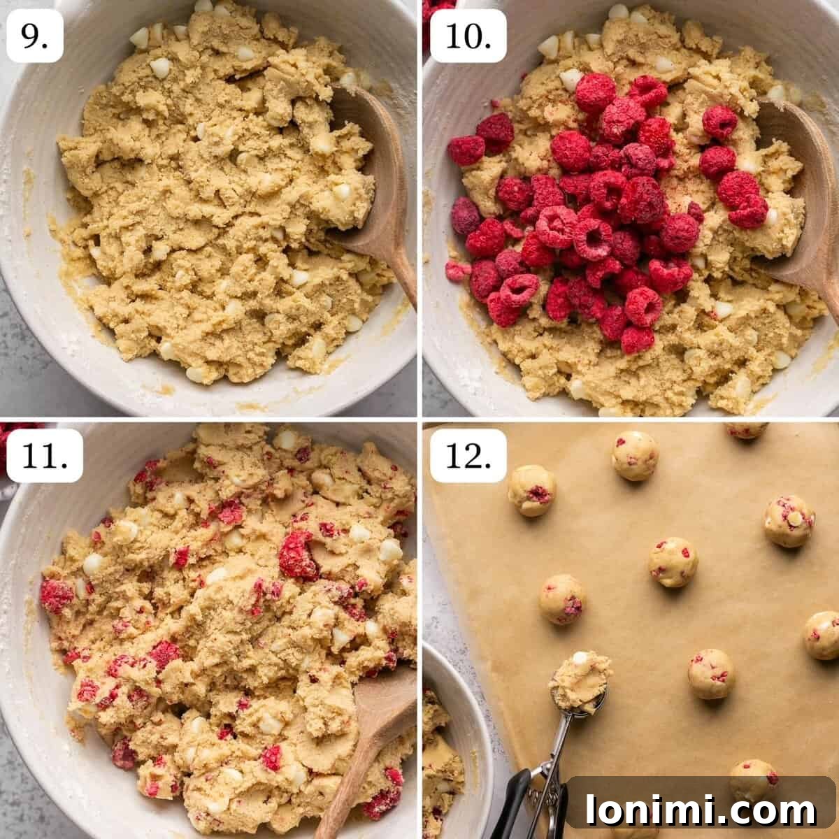 steps 9 through 12 for making white chocolate raspberry cookies, showing dough balls on a baking sheet, baking, and cooling.