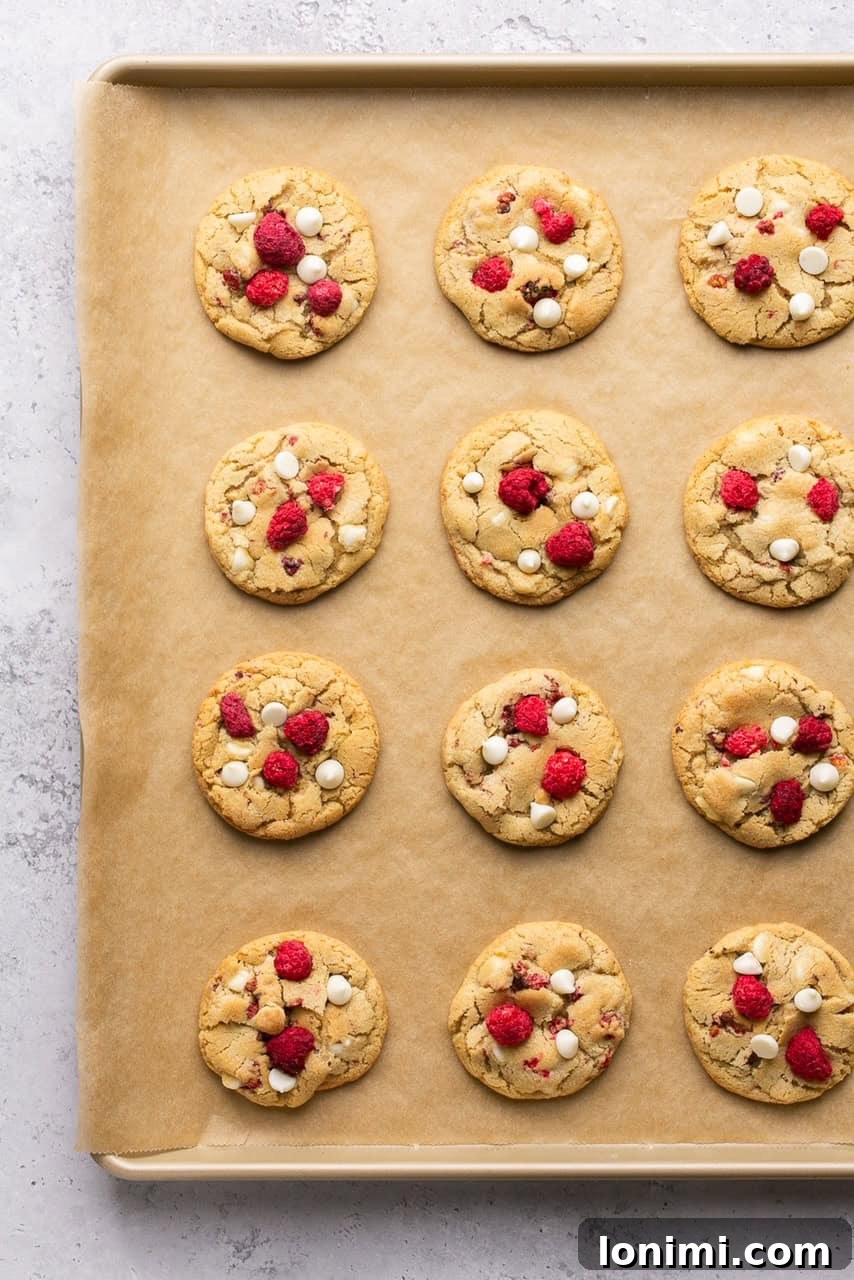 white chocolate raspberry cookies cooling on a baking sheet, showcasing their golden edges and vibrant raspberry specks