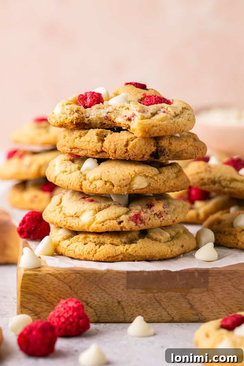 cookies stacked on a piece of wood, showing their soft centers and crisp edges with visible raspberry and white chocolate pieces