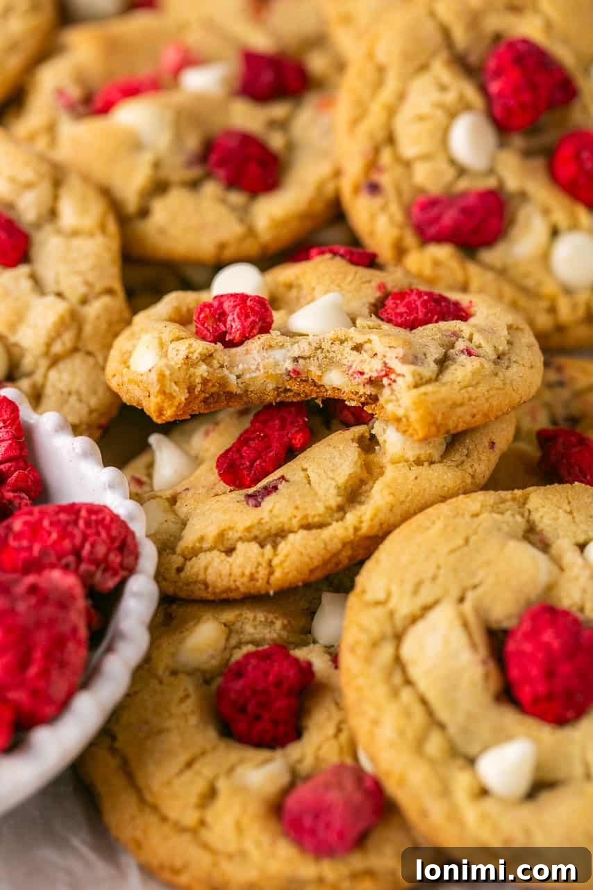pile of white chocolate raspberry cookies with one having a bite taken out of it, showing the soft interior