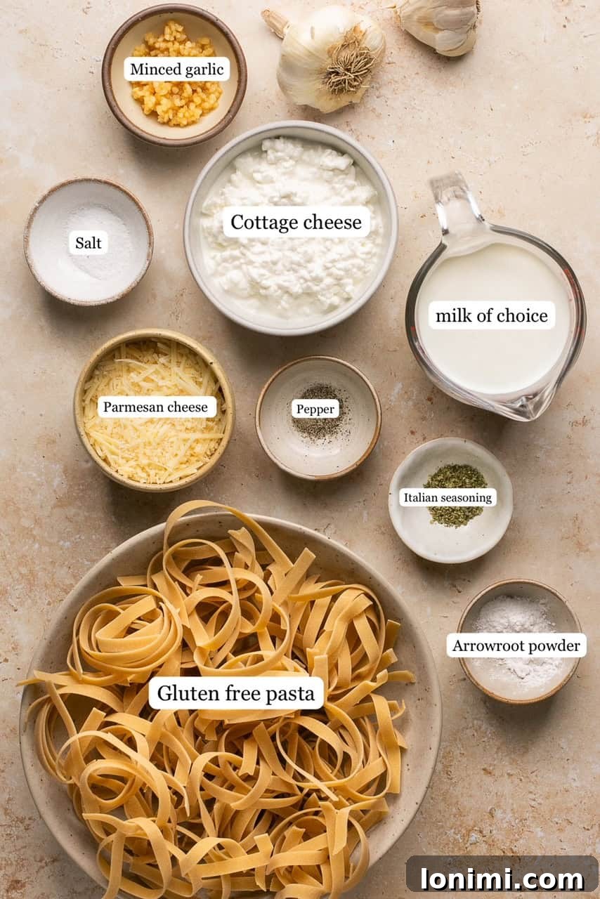 ingredients for cottage cheese alfredo in nesting bowls