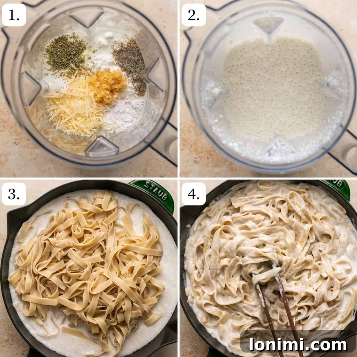 four steps for making cottage cheese alfredo in quadrants