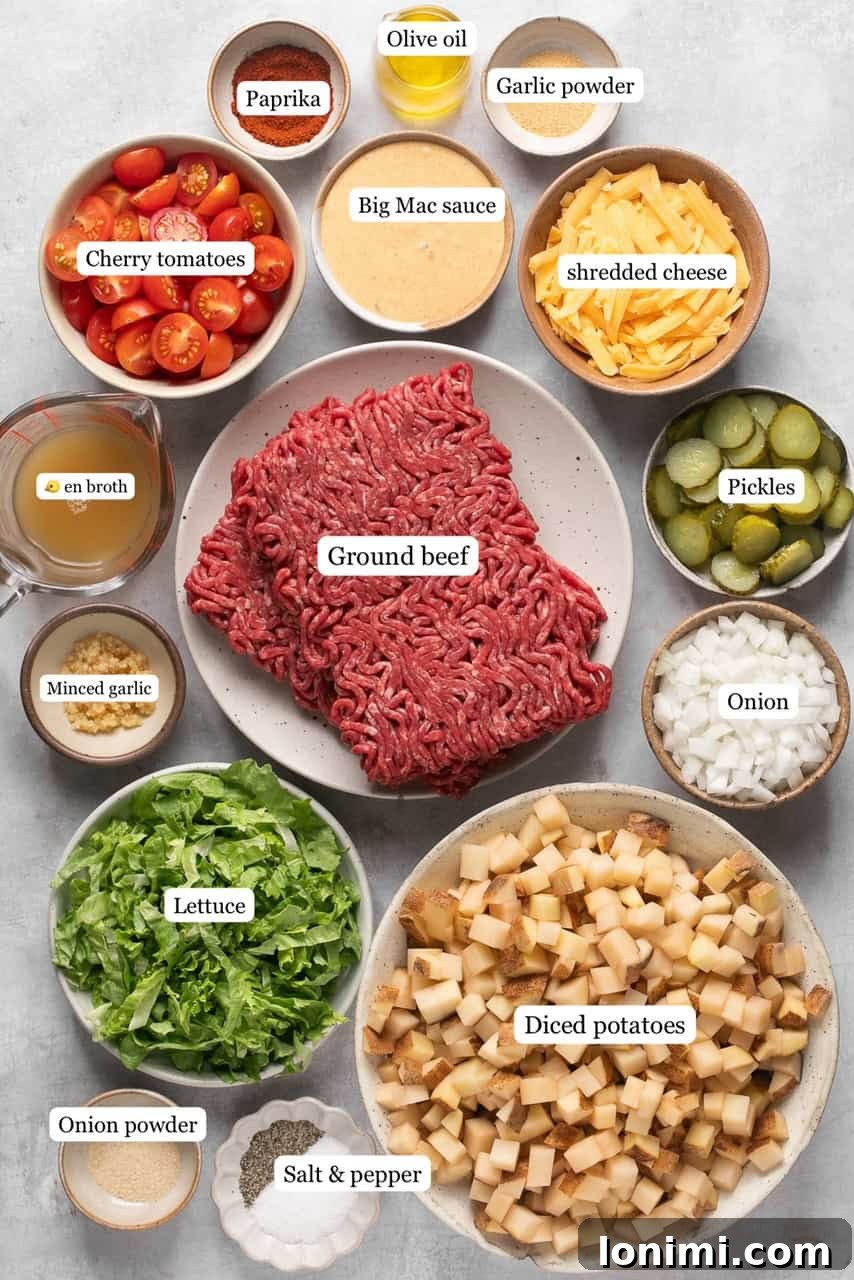 A vibrant collection of ingredients for Big Mac Casserole, neatly arranged and ready for preparation.