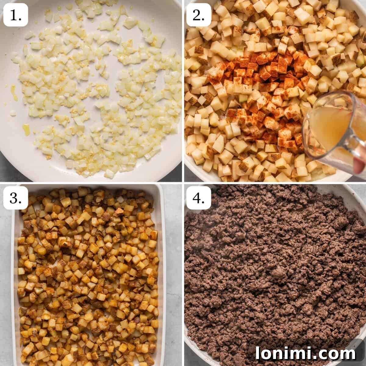 A visual guide showing the first four preparation steps for making Big Mac Casserole.