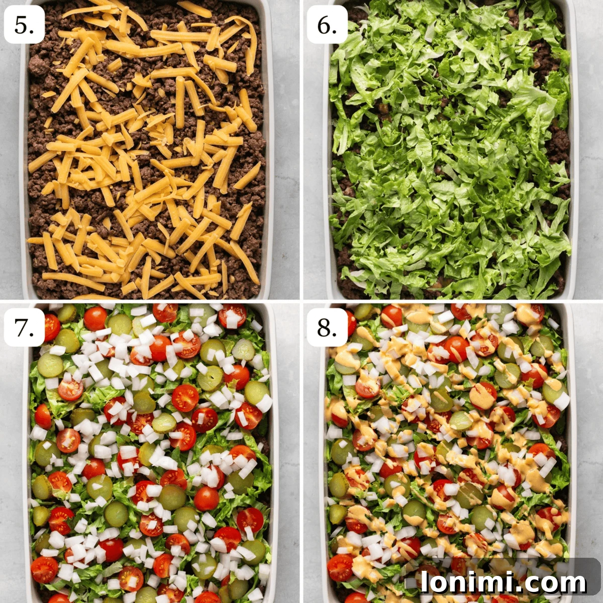 Steps five through eight for assembling and finishing the Big Mac Casserole, showcasing the addition of cheese, baking, and topping with fresh ingredients.