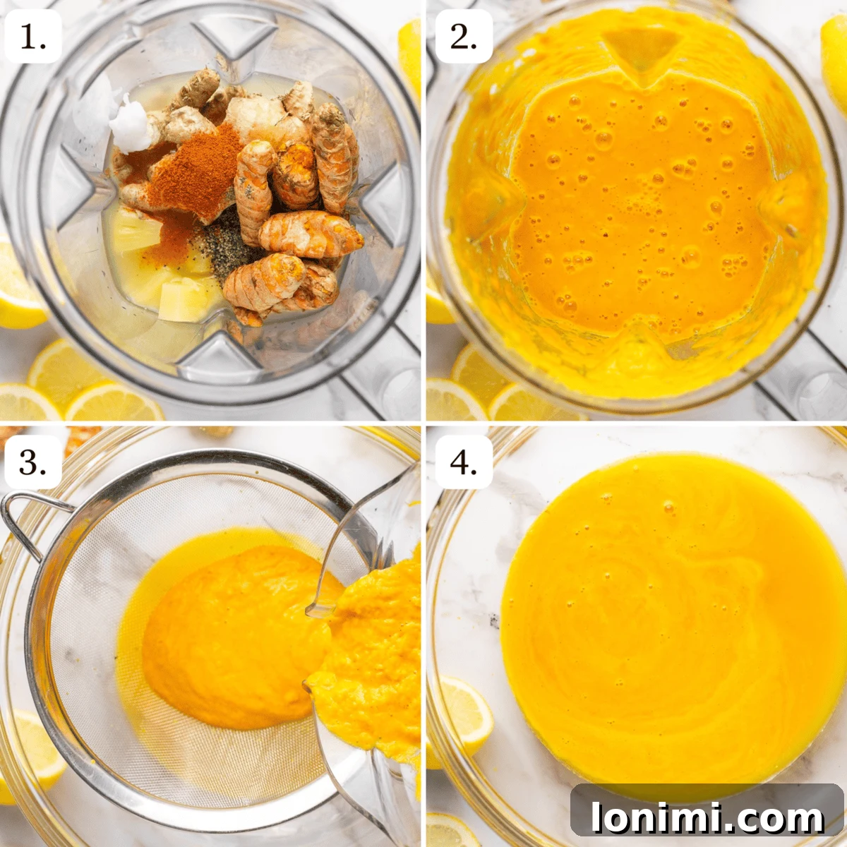 Four-step process showing how to make lemon ginger turmeric shots in a blender and straining the juice.