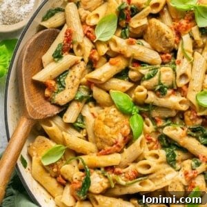 Marry me chicken pasta in a skillet with a wooden spoon