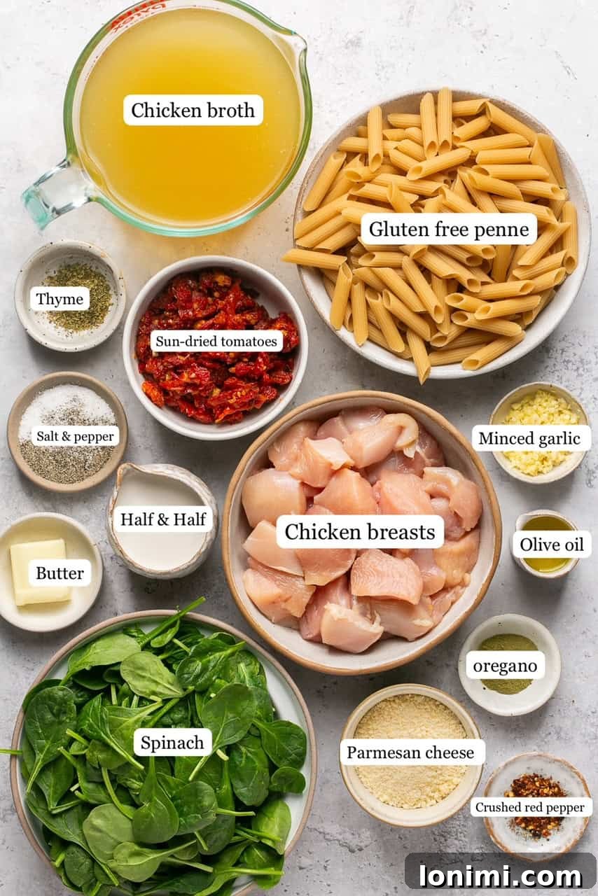 Flat lay of ingredients for Marry Me Chicken Pasta including gluten-free penne, chicken broth, chicken breast, spinach, spices, butter, half and half, olive oil, parmesan cheese, and sun-dried tomatoes.