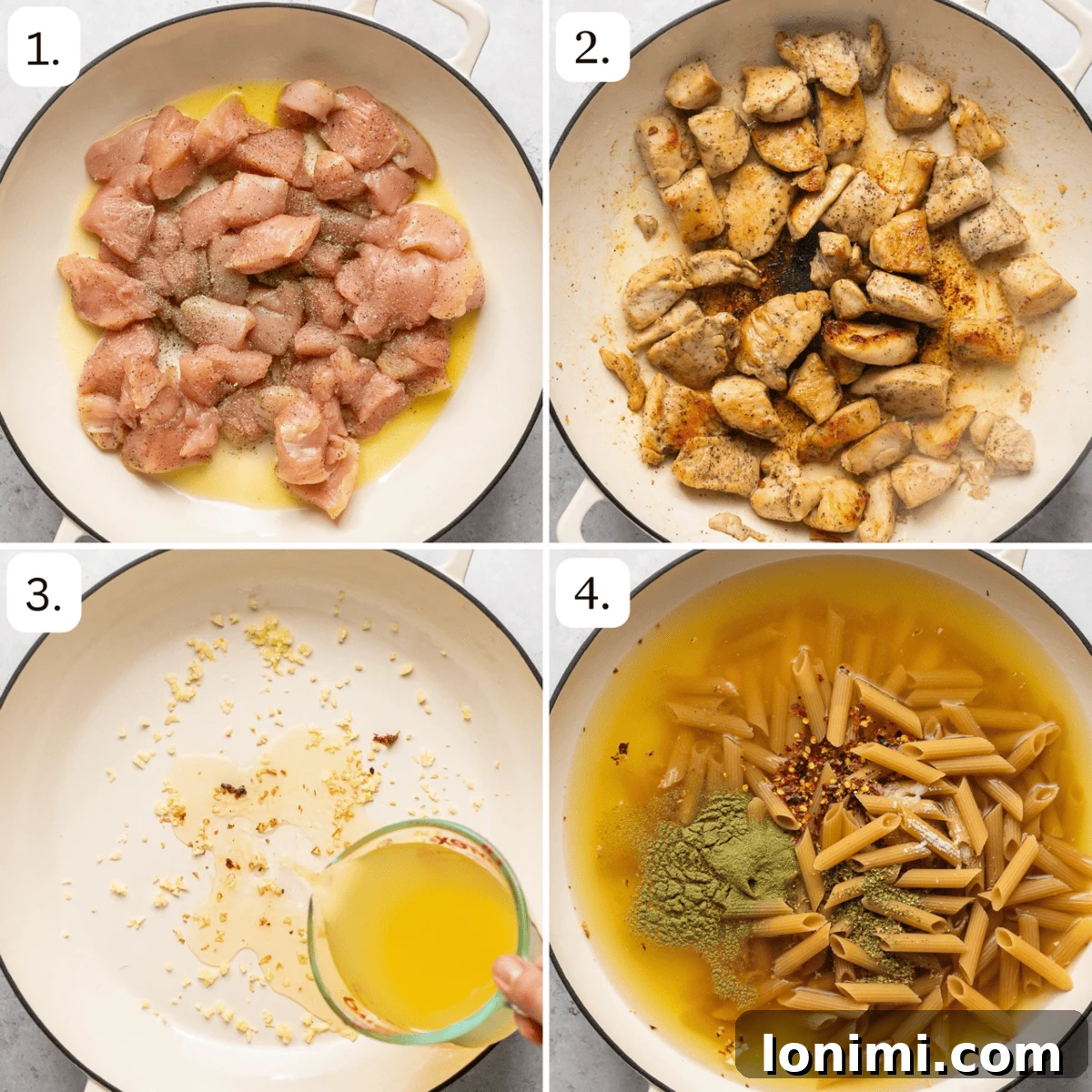 Step-by-step process photos of the first 4 steps showing how to start cooking Marry Me Chicken Pasta in one pan.