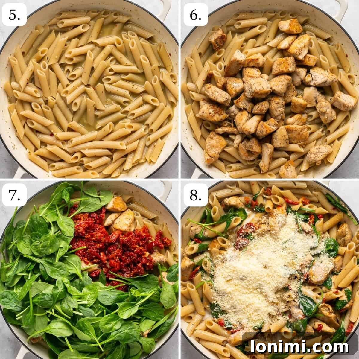 Finishing 4 steps for Marry Me Chicken Pasta including wilted spinach and stirring in parmesan and cream.
