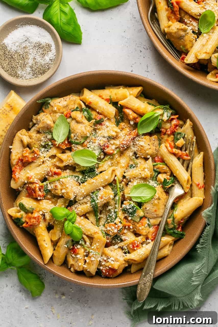 Bowl of Marry Me Chicken Pasta with creamy sauce, served on a green napkin for styling.