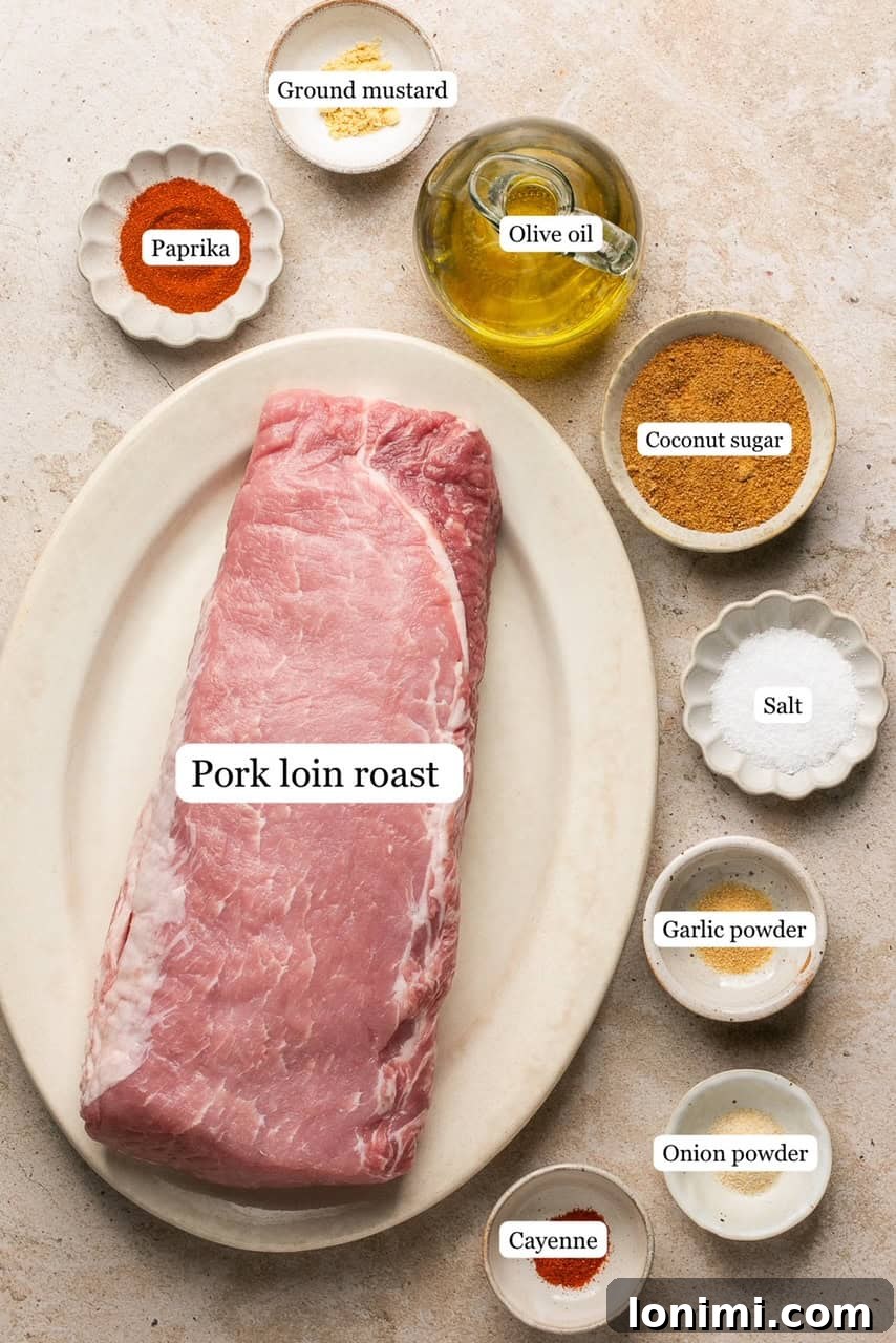 ingredients for air fryer pork roast in nesting bowls and on a platter