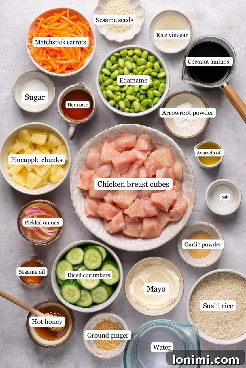 Effortless Teriyaki Chicken Poke Bowls with Fiery Sriracha Mayo 3 Ingredients for chicken poke bowls in nesting bowls