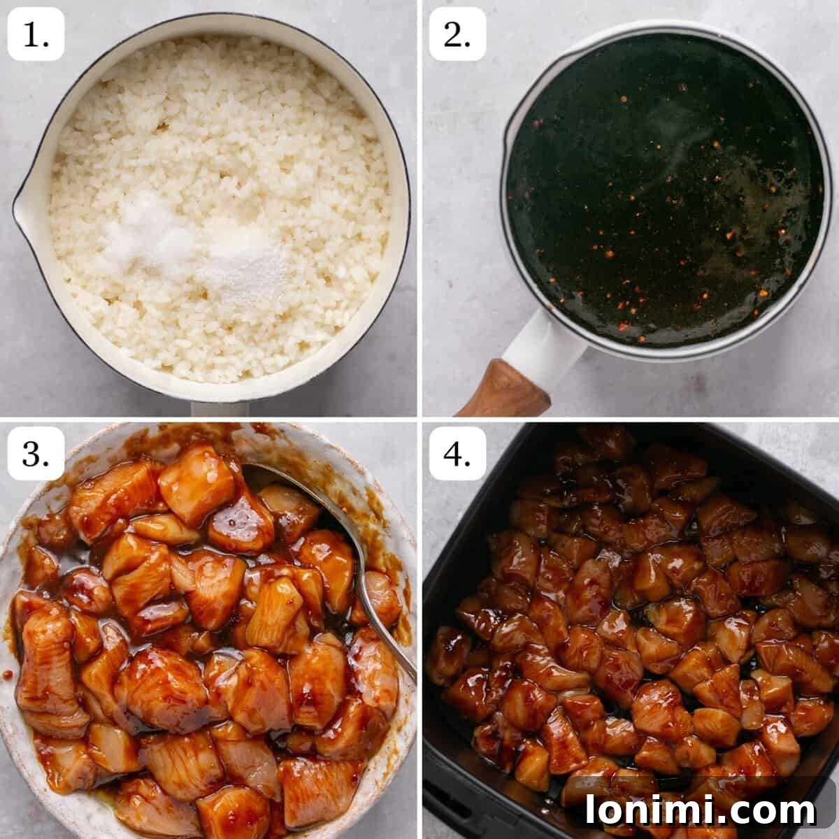 Effortless Teriyaki Chicken Poke Bowls with Fiery Sriracha Mayo 4 The first four steps for making chicken poke bowls