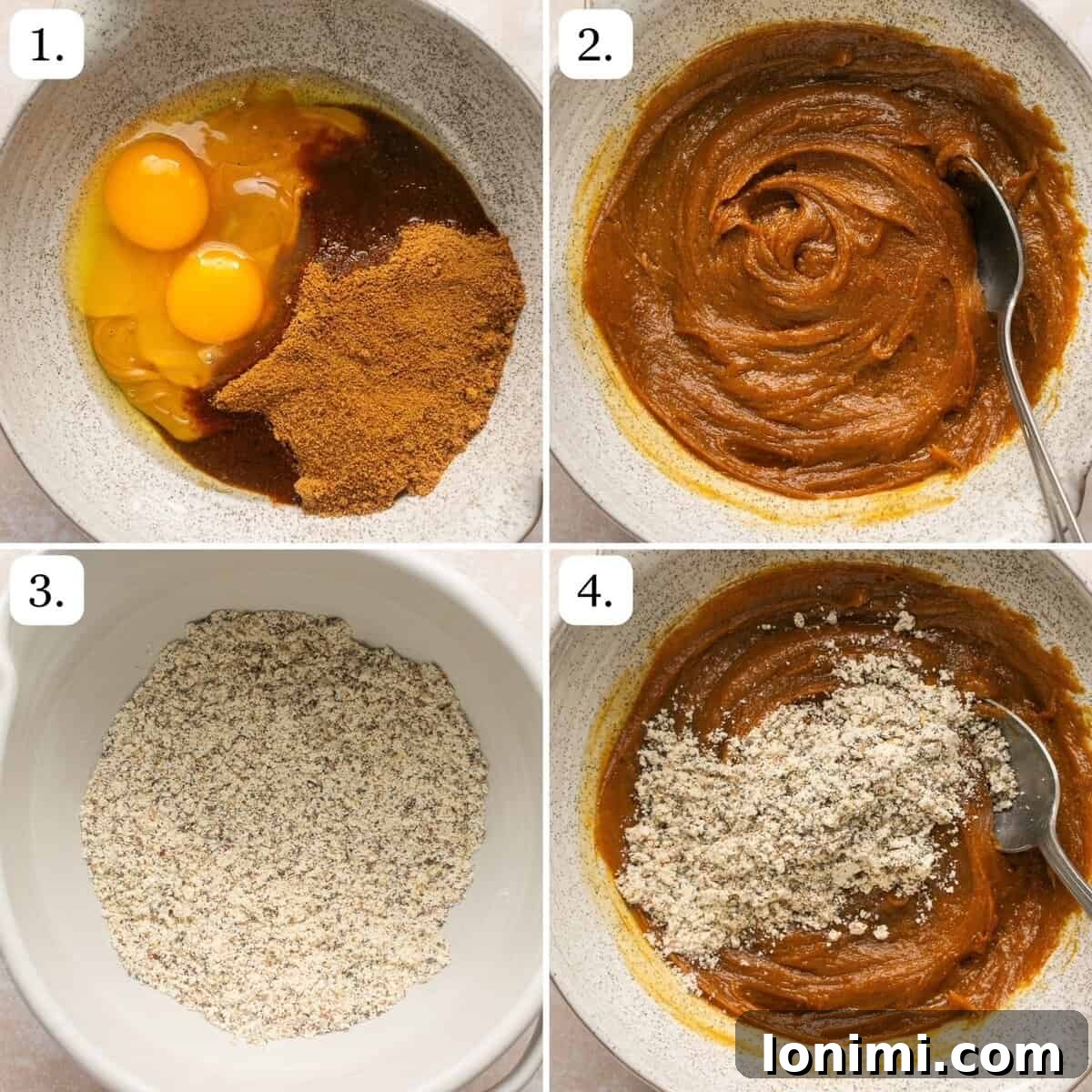 Irresistible Protein Peanut Butter Chocolate Chip Cookies 4 A series of step-by-step photos showing the process of mixing wet and dry ingredients for protein cookies.