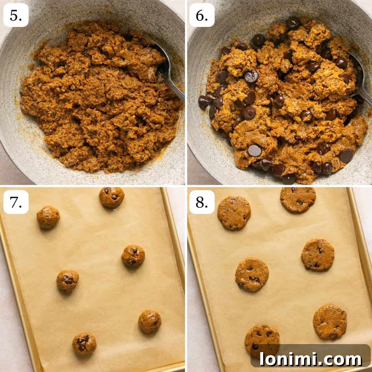Irresistible Protein Peanut Butter Chocolate Chip Cookies 5 A series of step-by-step photos showing the process of forming and baking protein cookies, with dough balls on a baking sheet.