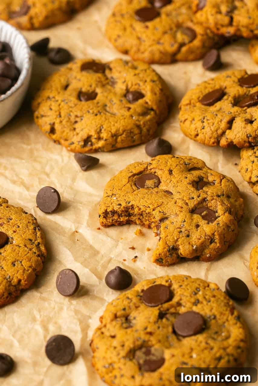 Irresistible Protein Peanut Butter Chocolate Chip Cookies 8 A close-up of a chocolate chip protein cookie with a bite taken out, resting on a baking sheet, showing its rich texture.