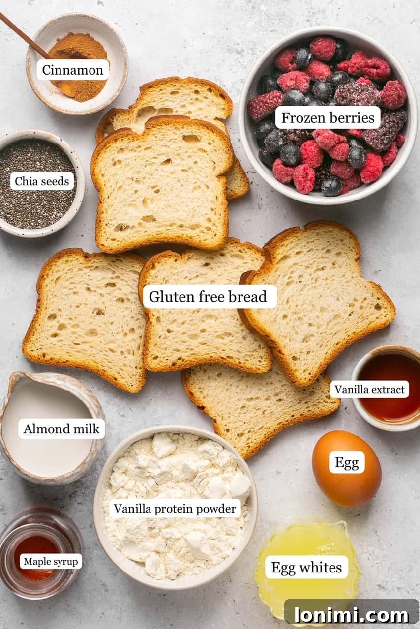 A selection of fresh ingredients for protein french toast, including gluten-free bread, eggs, cinnamon, vanilla, almond milk, and protein powder