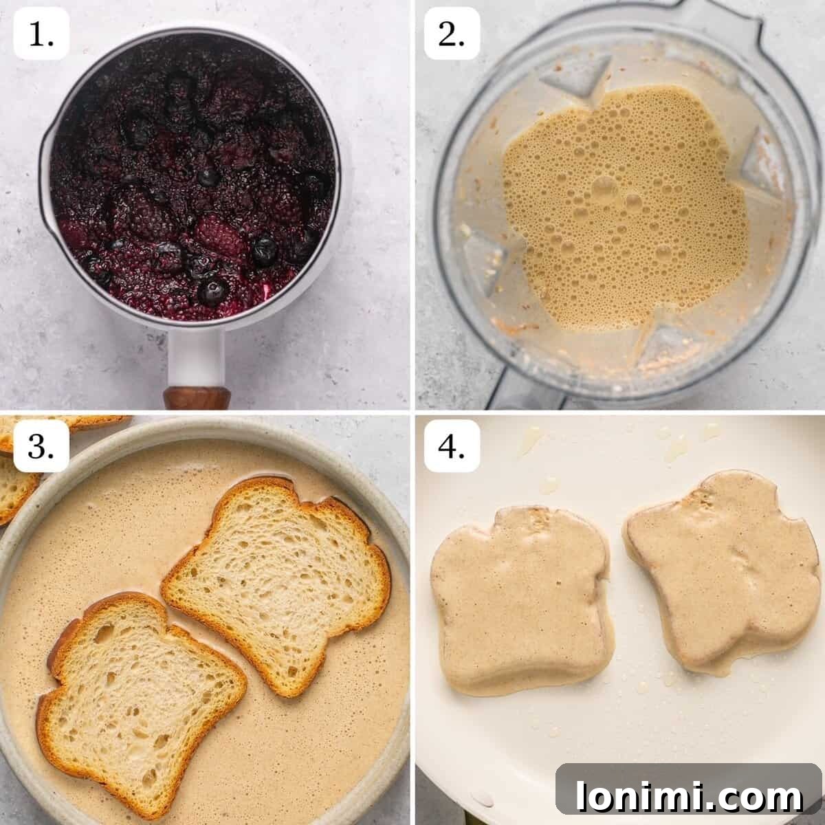 A four-step visual guide demonstrating how to prepare protein french toast, from mixing the batter to cooking until golden brown