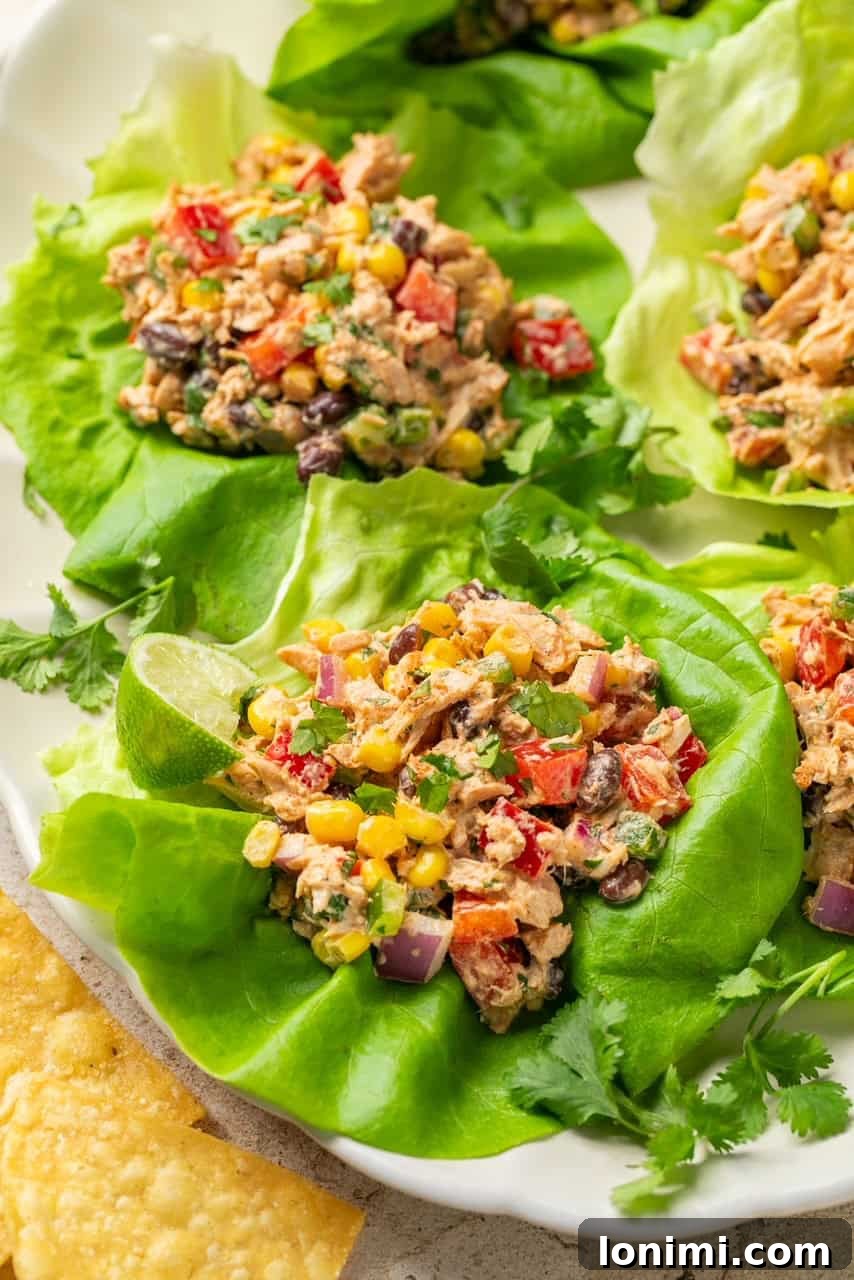 Vibrant Healthy Mexican Tuna Salad 7 An appetizing close-up of Mexican tuna salad served in a lettuce cup, adorned with a fresh lime wedge.