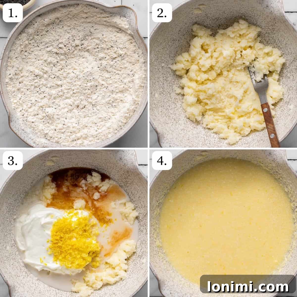 Numbered step-by-step photos illustrating the process of mixing the dry and wet ingredients for the gluten-free lemon poppyseed muffin batter.