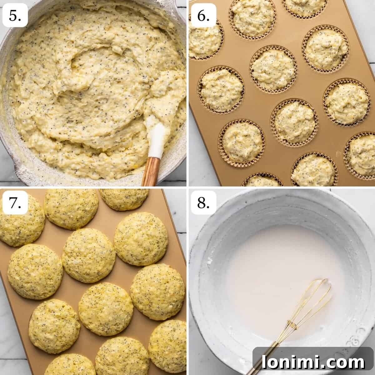 Numbered step-by-step photos demonstrating how to combine wet and dry ingredients, bake the muffins, and prepare the lemon glaze.