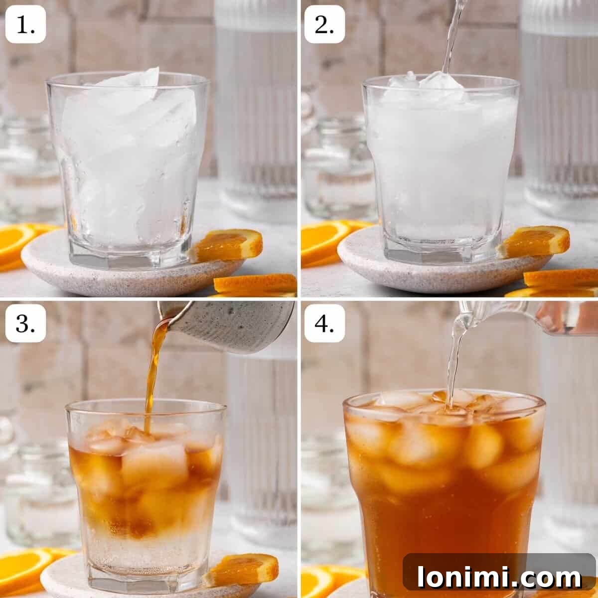 A series of numbered step-by-step photographs illustrating the process of making an Espresso Tonic, from preparing coffee to garnishing the final drink.