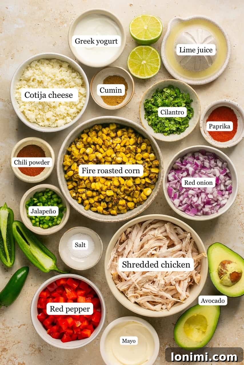 Small bowls containing all the fresh ingredients for Mexican chicken salad, clearly labeled