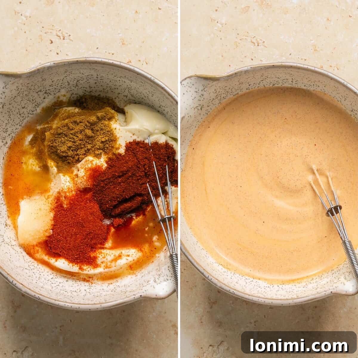 Two step-by-step photos illustrating the process of making the cilantro lime crema in a small bowl