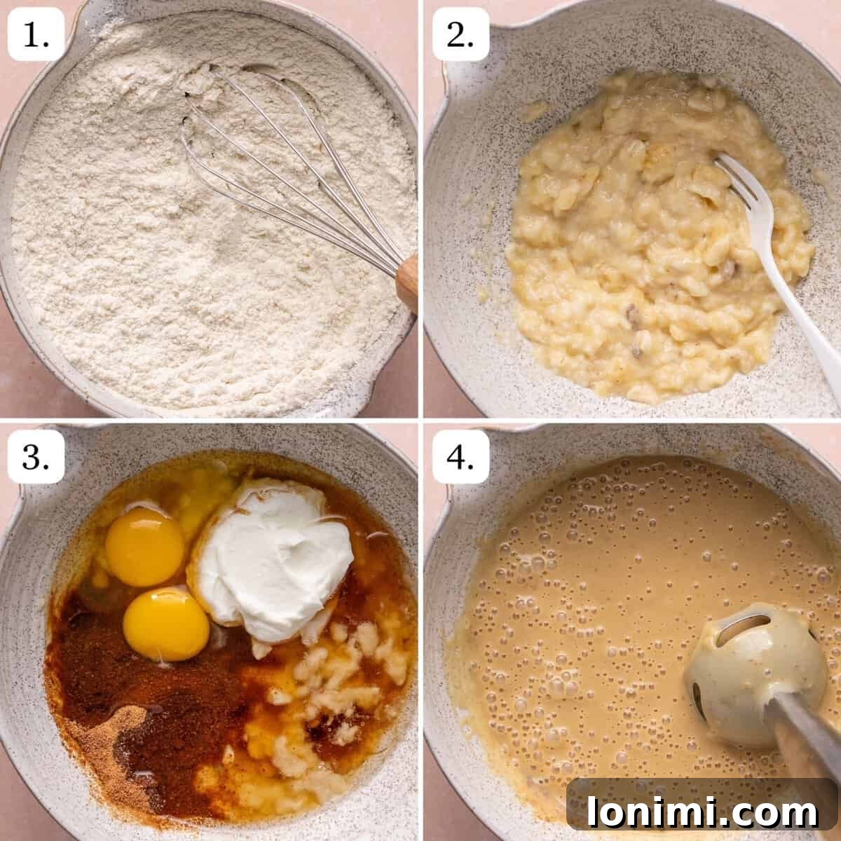Numbered step-by-step photos showing how to prepare the protein banana bread batter.