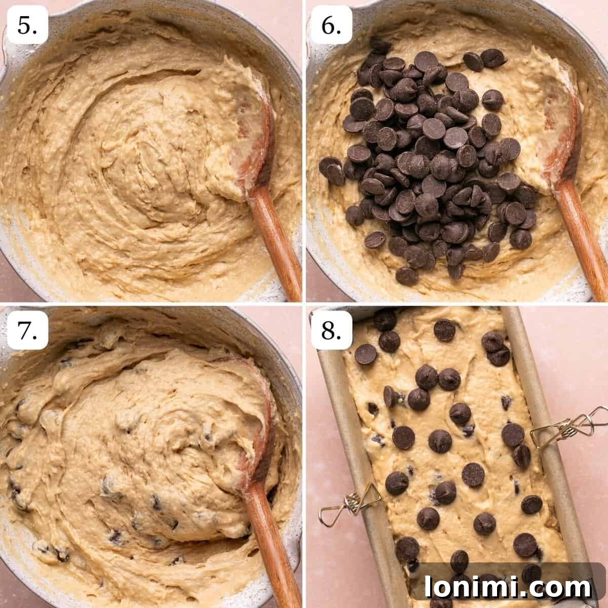 Numbered step-by-step photos showing how to fold in the chocolate chips and prepare the batter for baking.