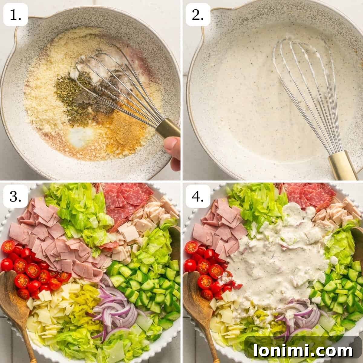 A visual guide showing three numbered steps to prepare the Chopped Italian Grinder Salad, from combining ingredients to adding the dressing.
