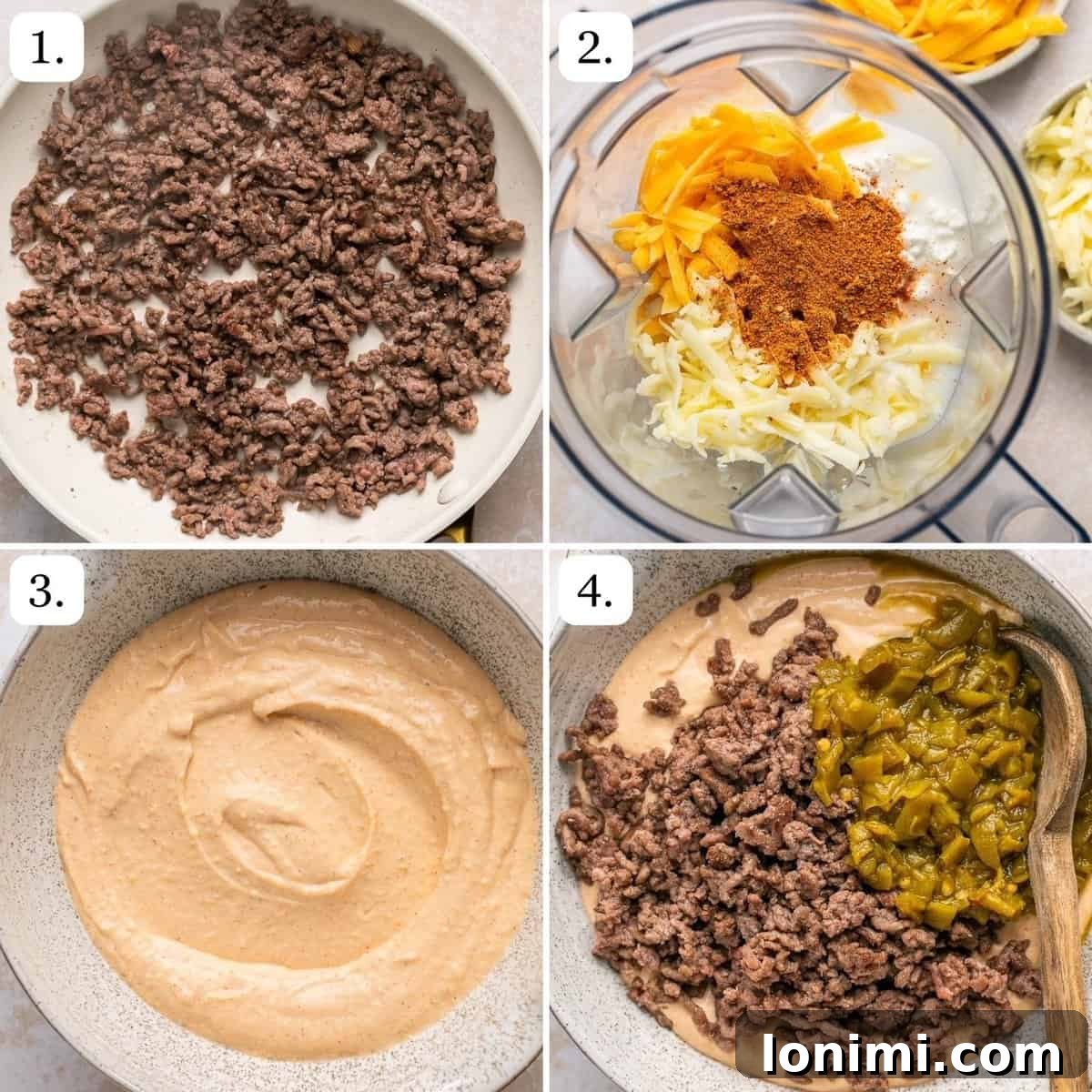 The Viral Protein-Packed Cottage Cheese Queso 4 Step-by-step numbered photos illustrating the entire process of making delicious high-protein cottage cheese queso, from browning beef to the final mix.